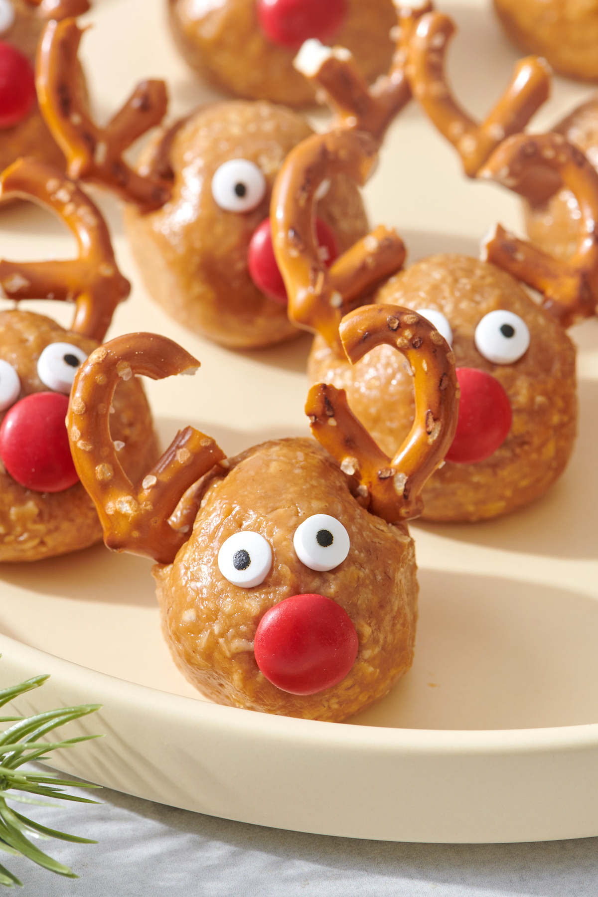 Close up on one no-bake reindeer bite.