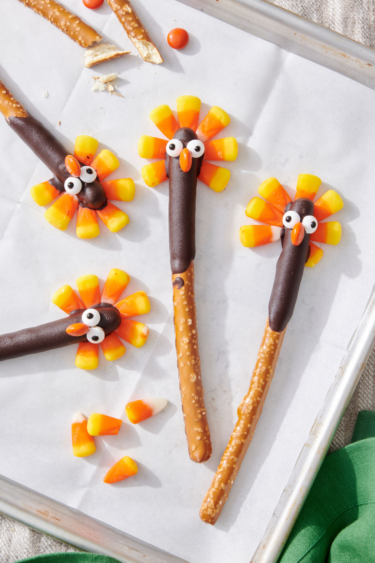 Thanksgiving Turkey Pretzel Sticks on sheet tray.