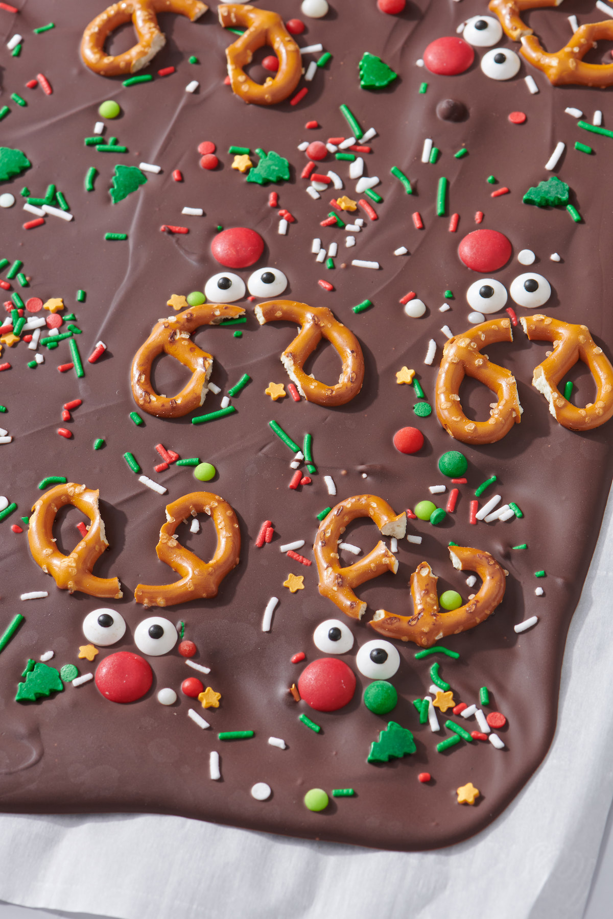 Chocolate reindeer bark in large sheet before being cut into pieces.