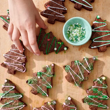 A hand grabbing a Christmas tree shaped brownie.