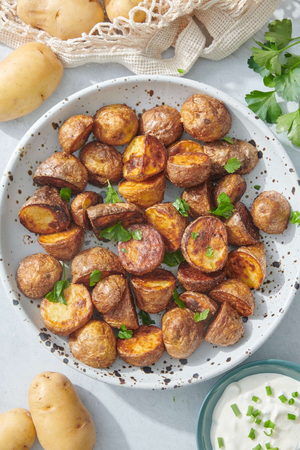 Air fryer baby potatoes on serving platter.