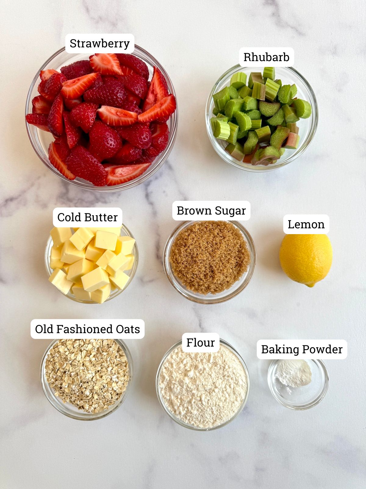 Strawberry rhubarb crumble ingredients.