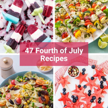 A grid of four Fourth of July recipes: layered red, white and blue popsicles, pesto vegetable kabobs, pasta salad, and watermelon star fruit wands with blueberries.