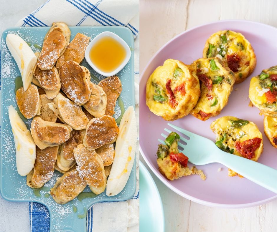 Baby Led Weaning breakfast recipes. Banana Pancakes on the left. Baby Frittatas on the right.