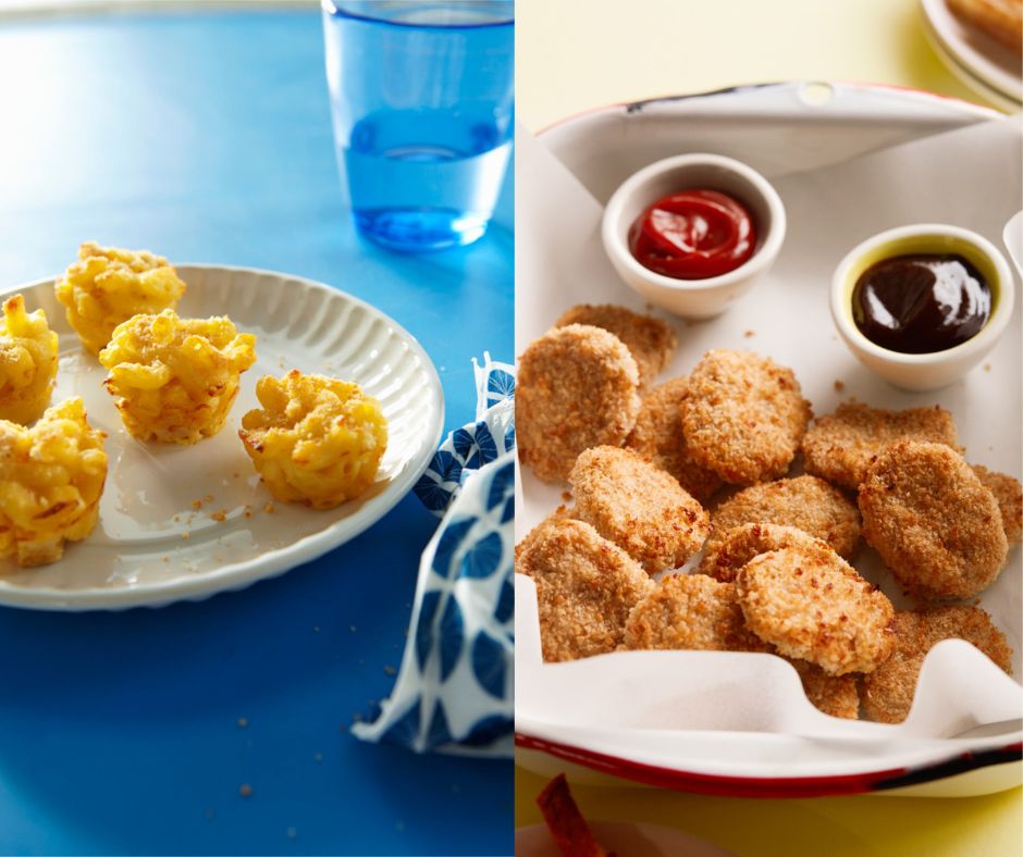 Baby led weaning dinner. Mac Chicken and Cheese Bites on the left. Easy chicken nuggets on the right.