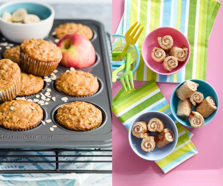 Baby Led Weaning lunch. Apple banana muffins on the left. Sushi sandwiches on the right.