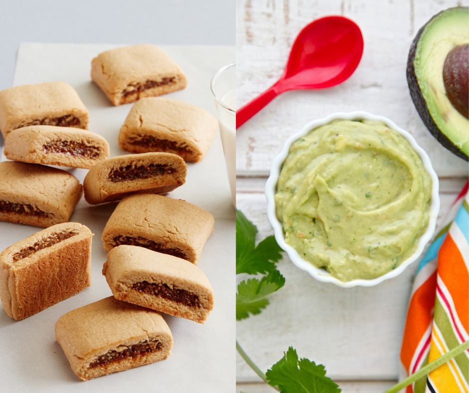Baby led weaning snacks. Homemade fig bars on the left. Baby guacamole on the right.