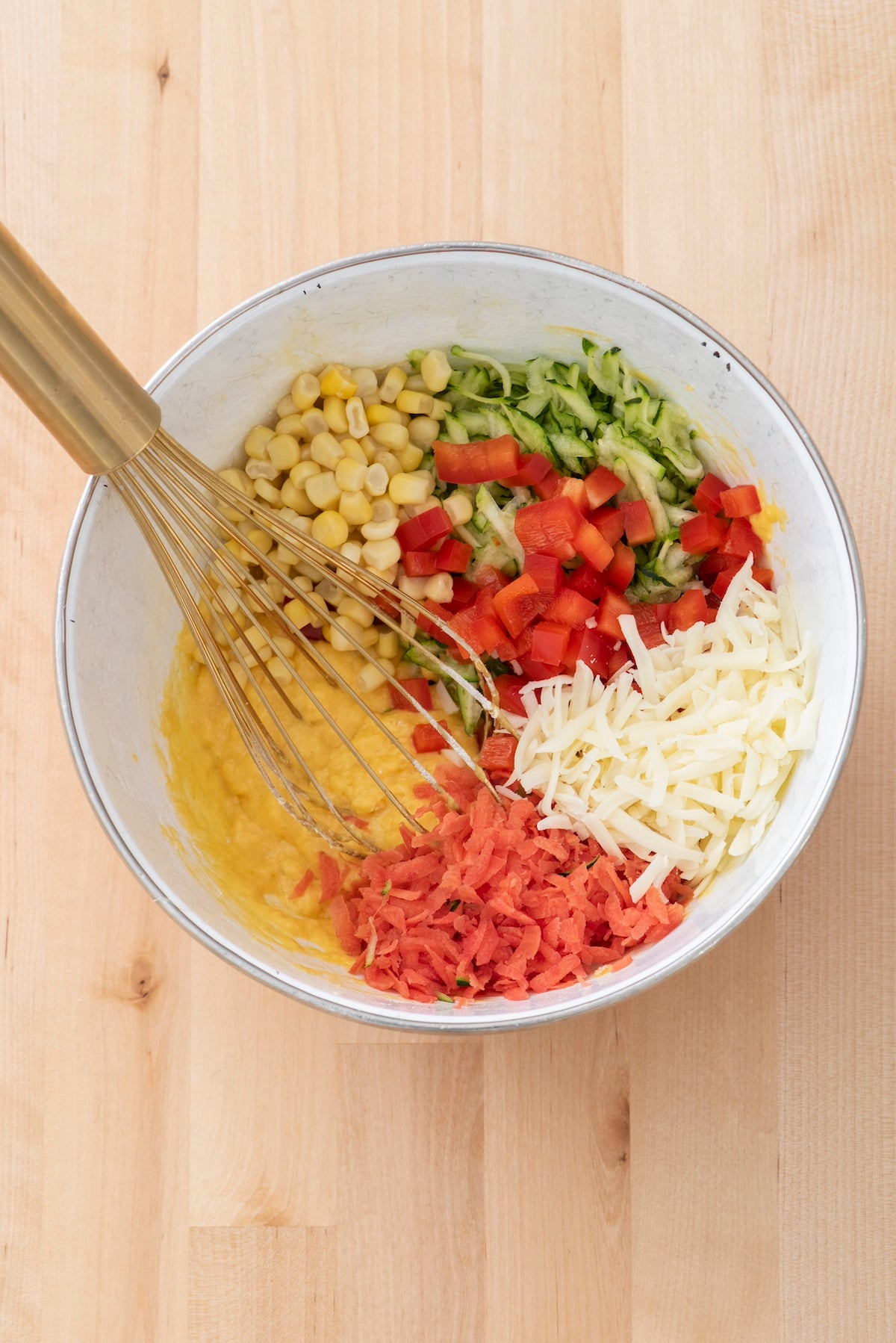 Rainbow waffle ingredients in bowl.