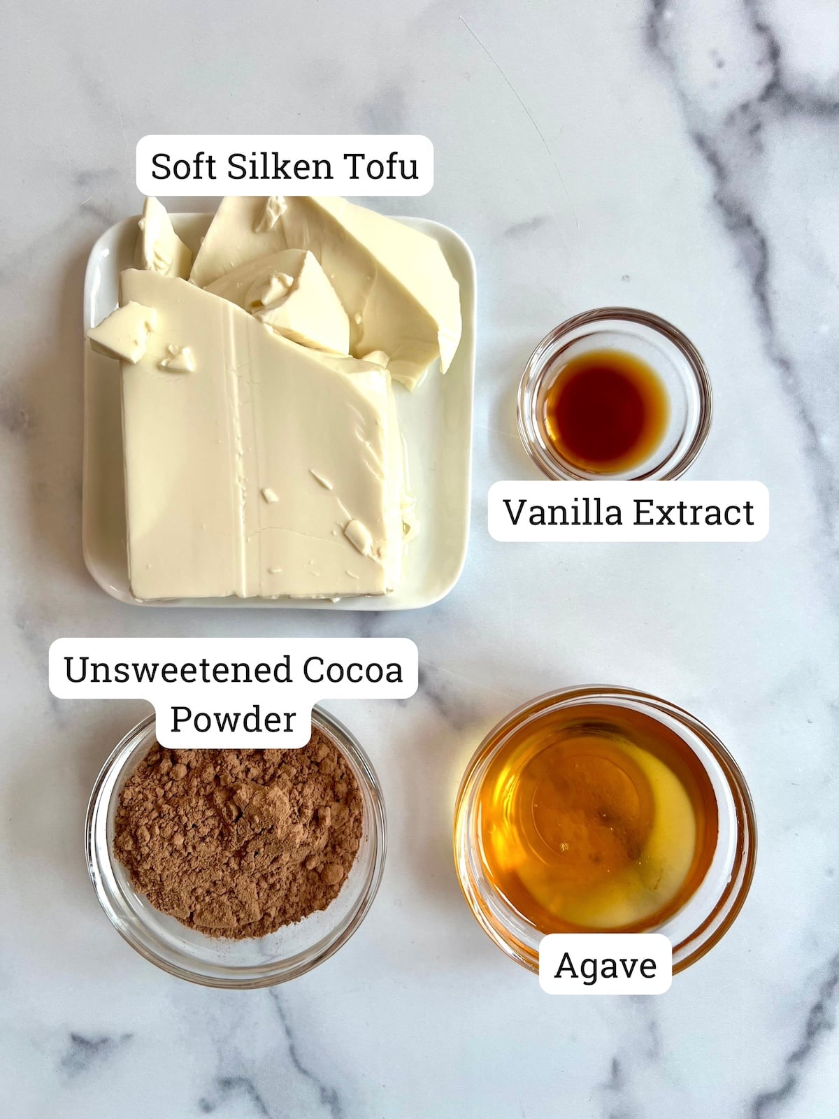 Chocolate Tofu Pudding ingredients on countertop.