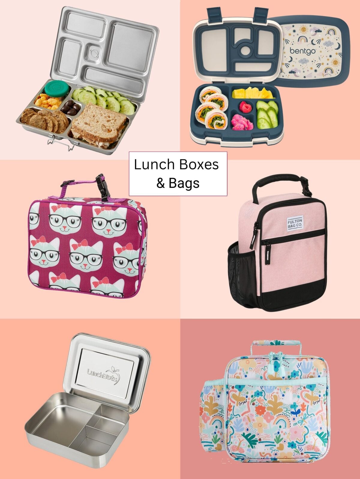A 2x3 grid with lunch boxes and bags.