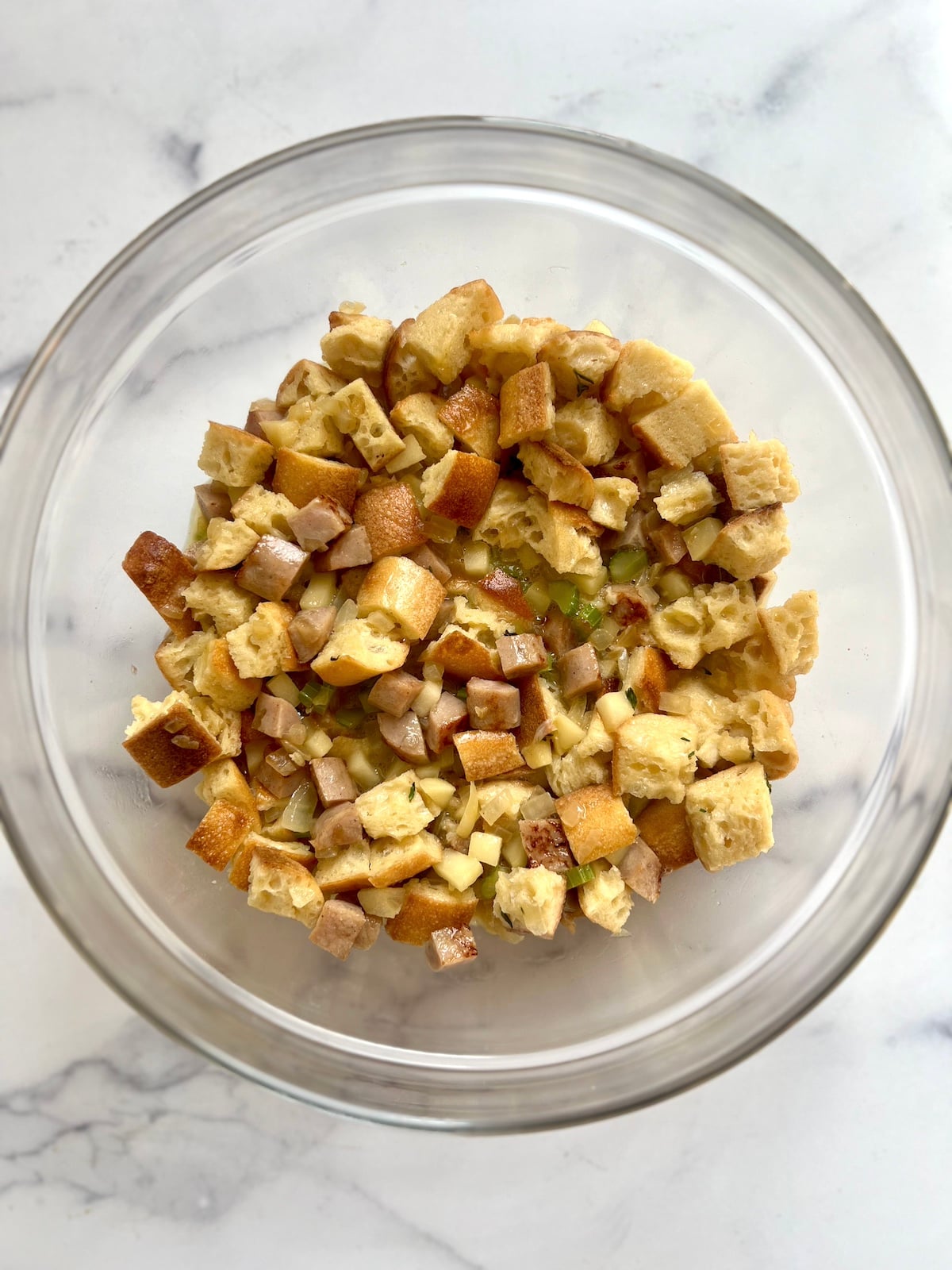 Stuffing in a mixing bowl.