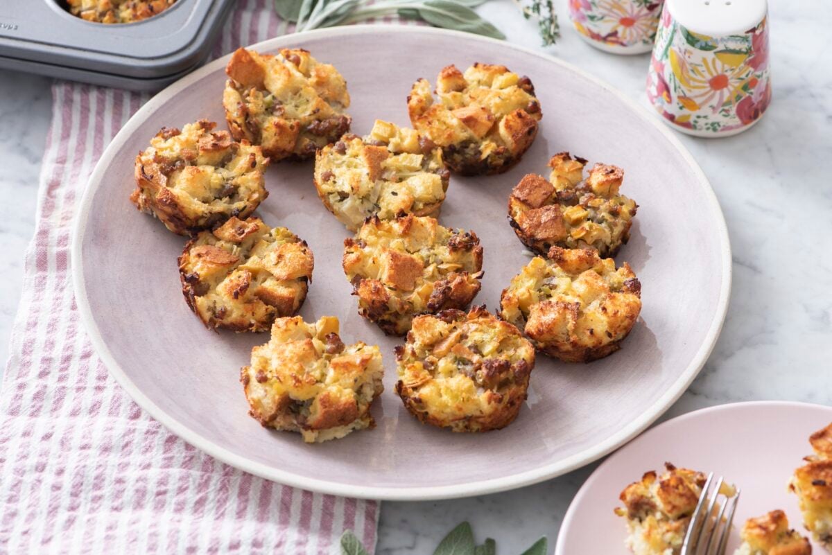 Individual stuffing bites on a plate.