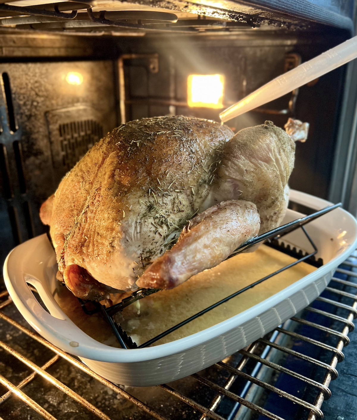 Basting a roasting turkey in the oven.
