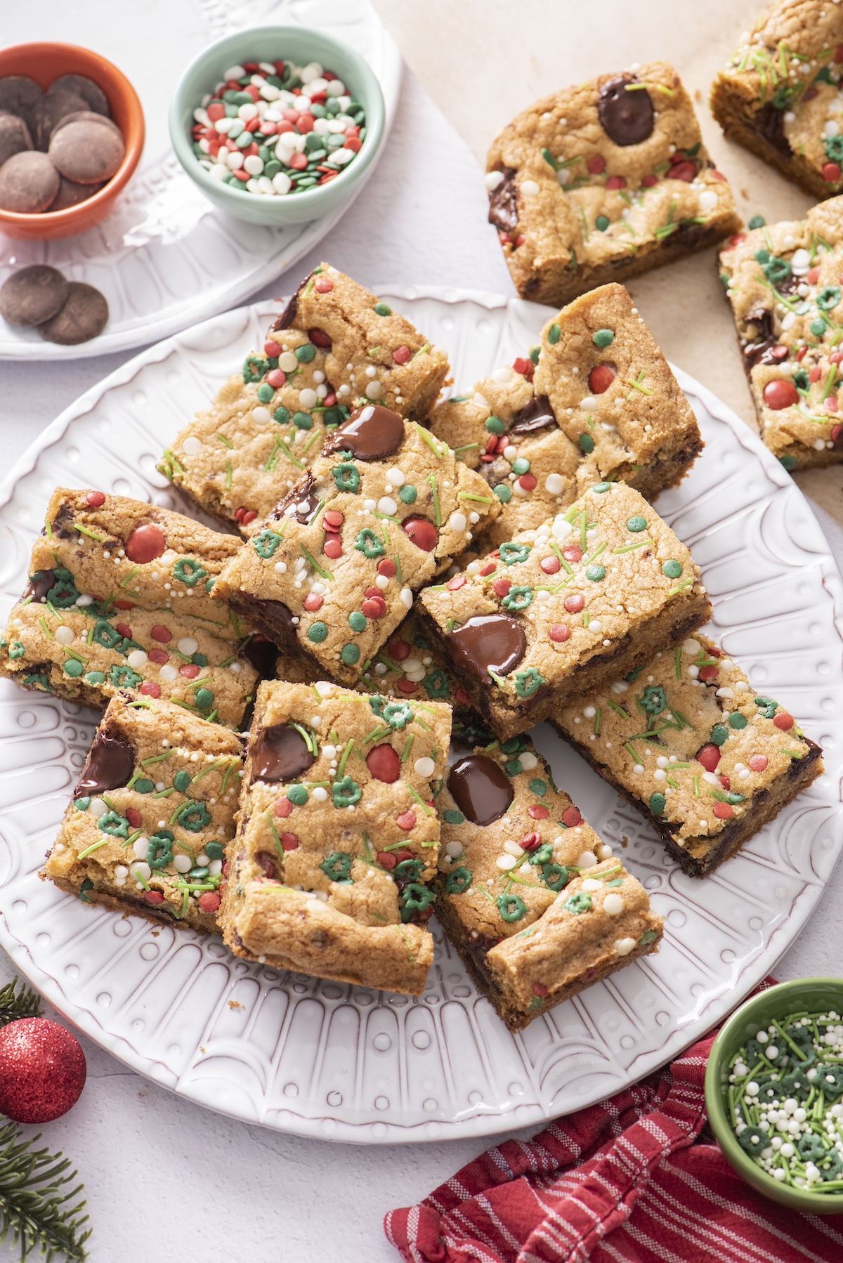 Chocolate Chip Cookie Bars on a serving plate.