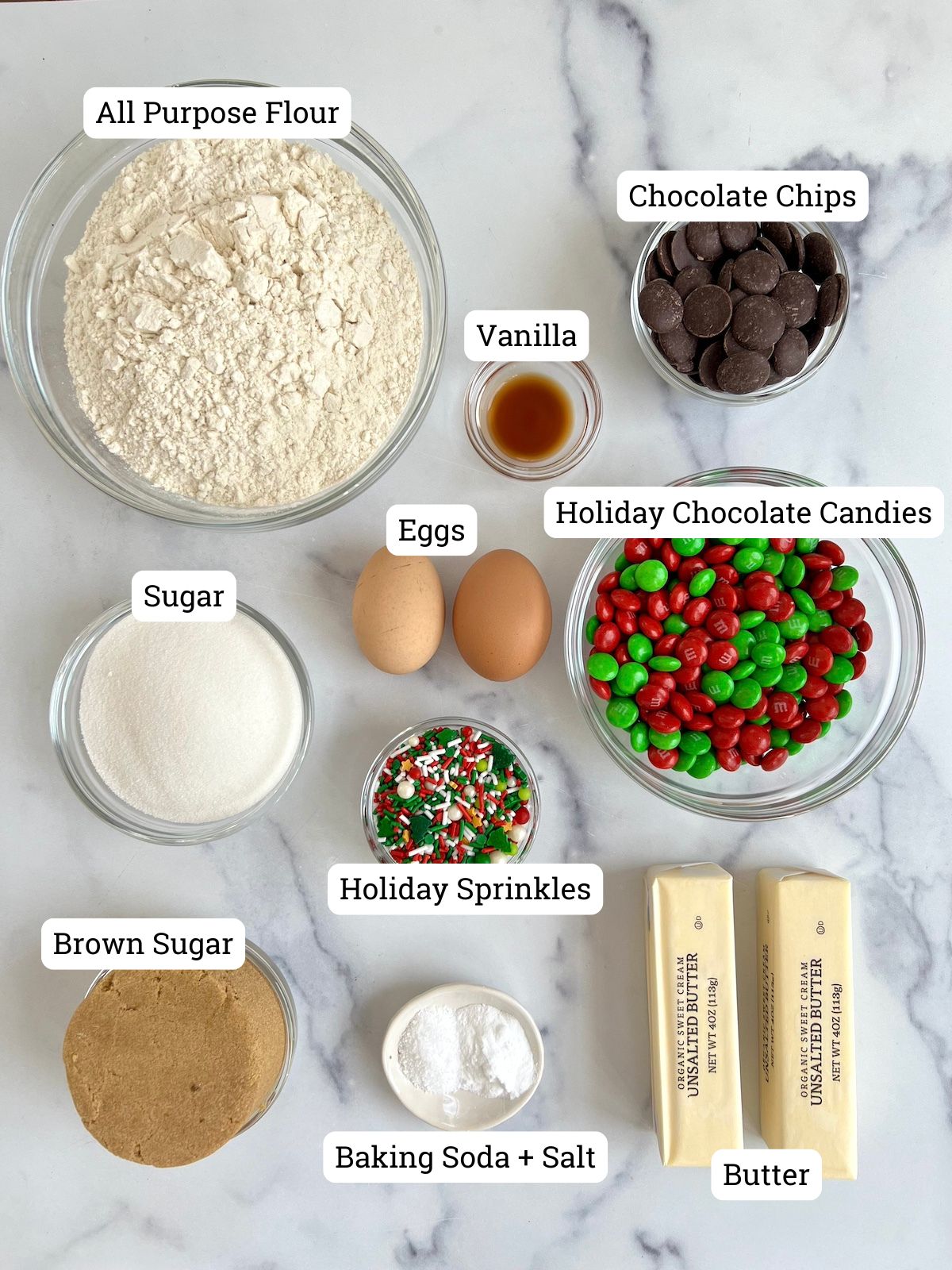 Ingredients for chocolate chip cookie bars.