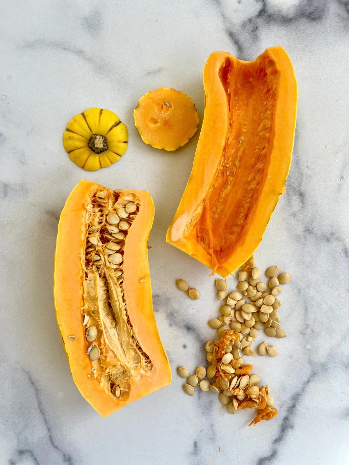 Squash cut in half with seeds removed.