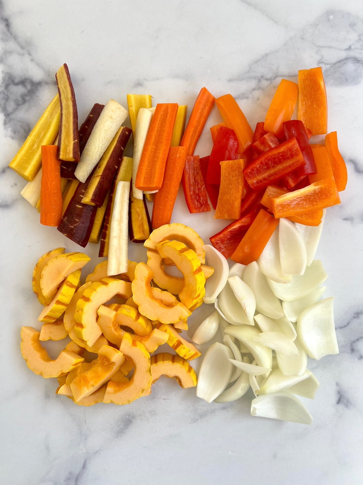 Diced veggies ready for roasting.