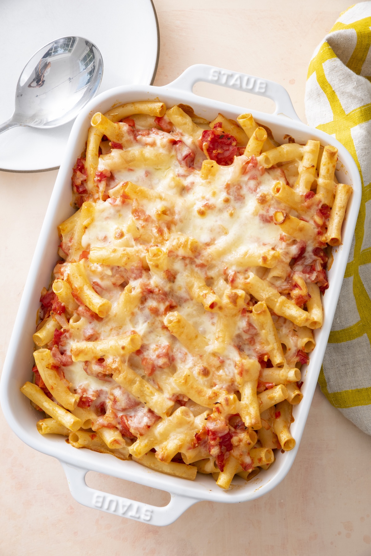 Baked ziti in a baking pan.