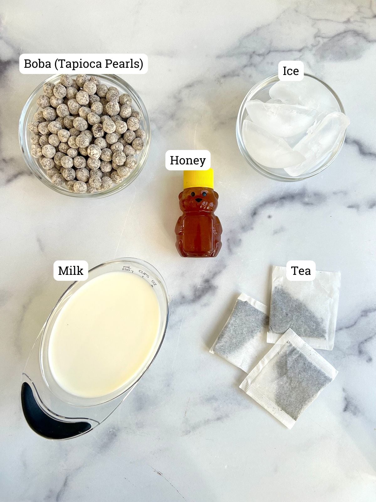 Ingredients needed to make bubble tea.