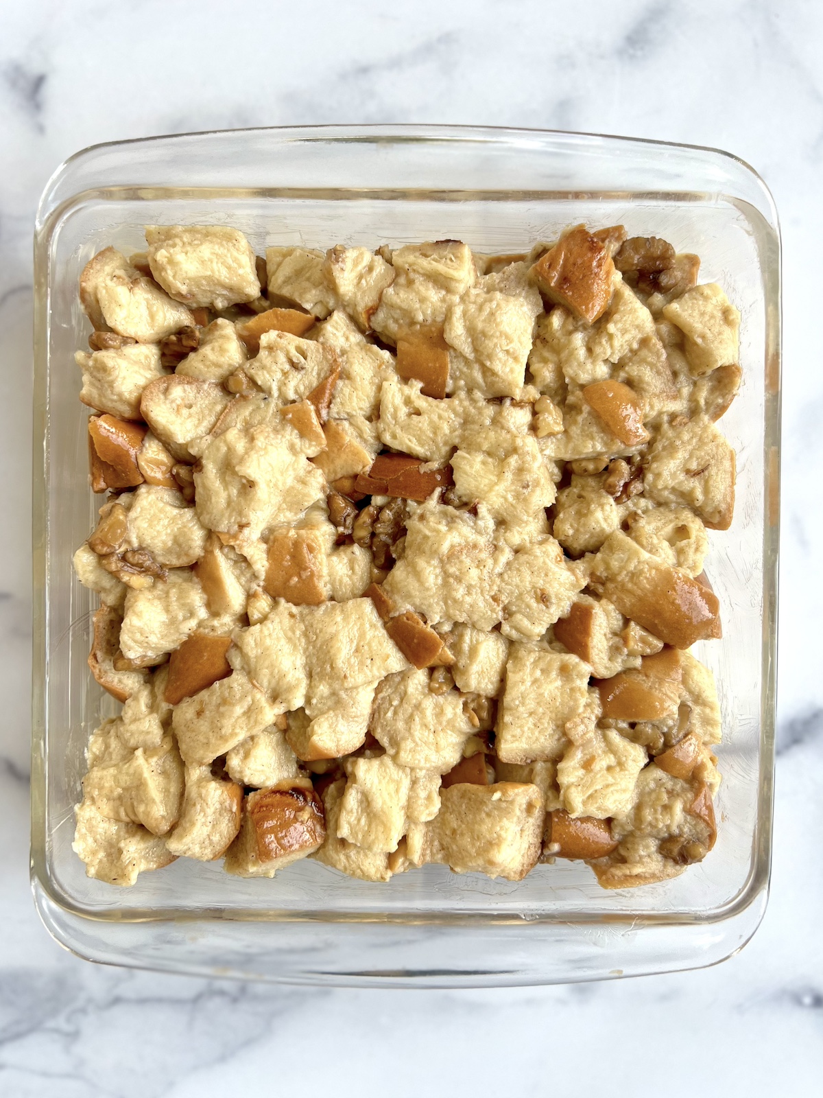 Bread pudding in a baking dish.