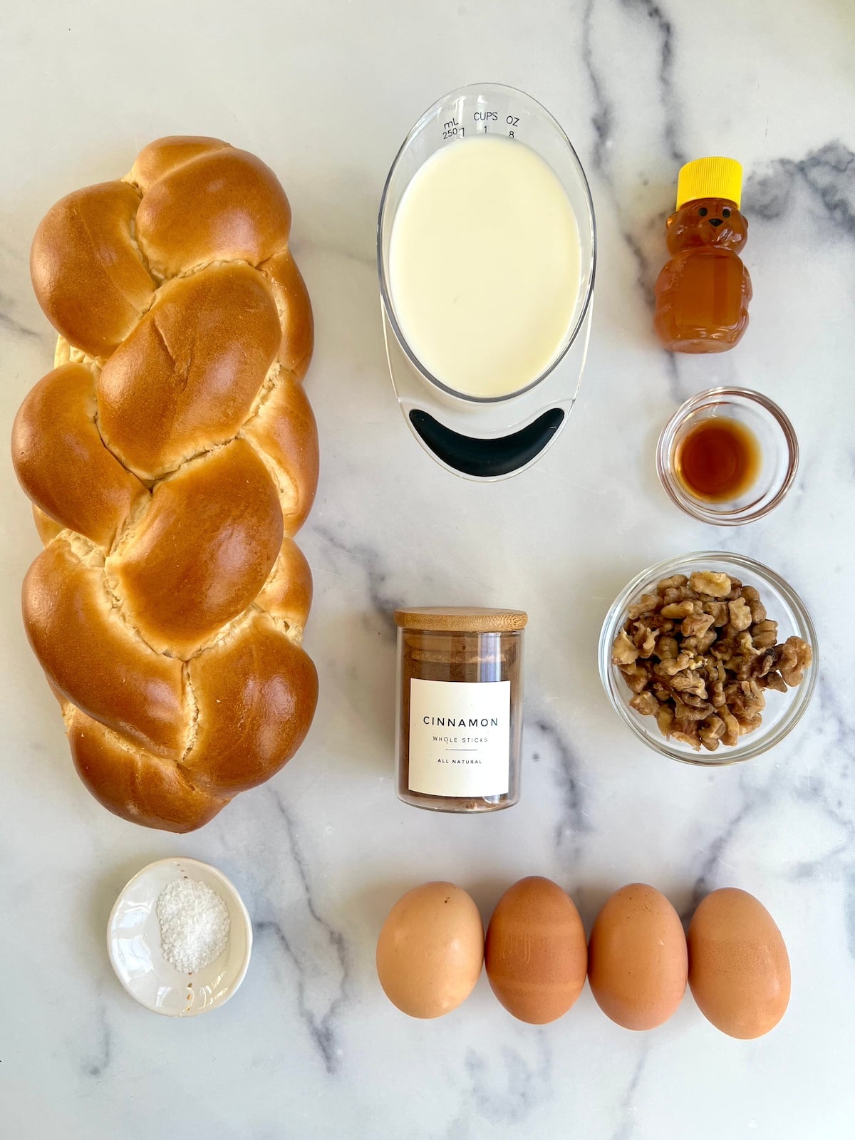 Ingredients needed for challah bread pudding.