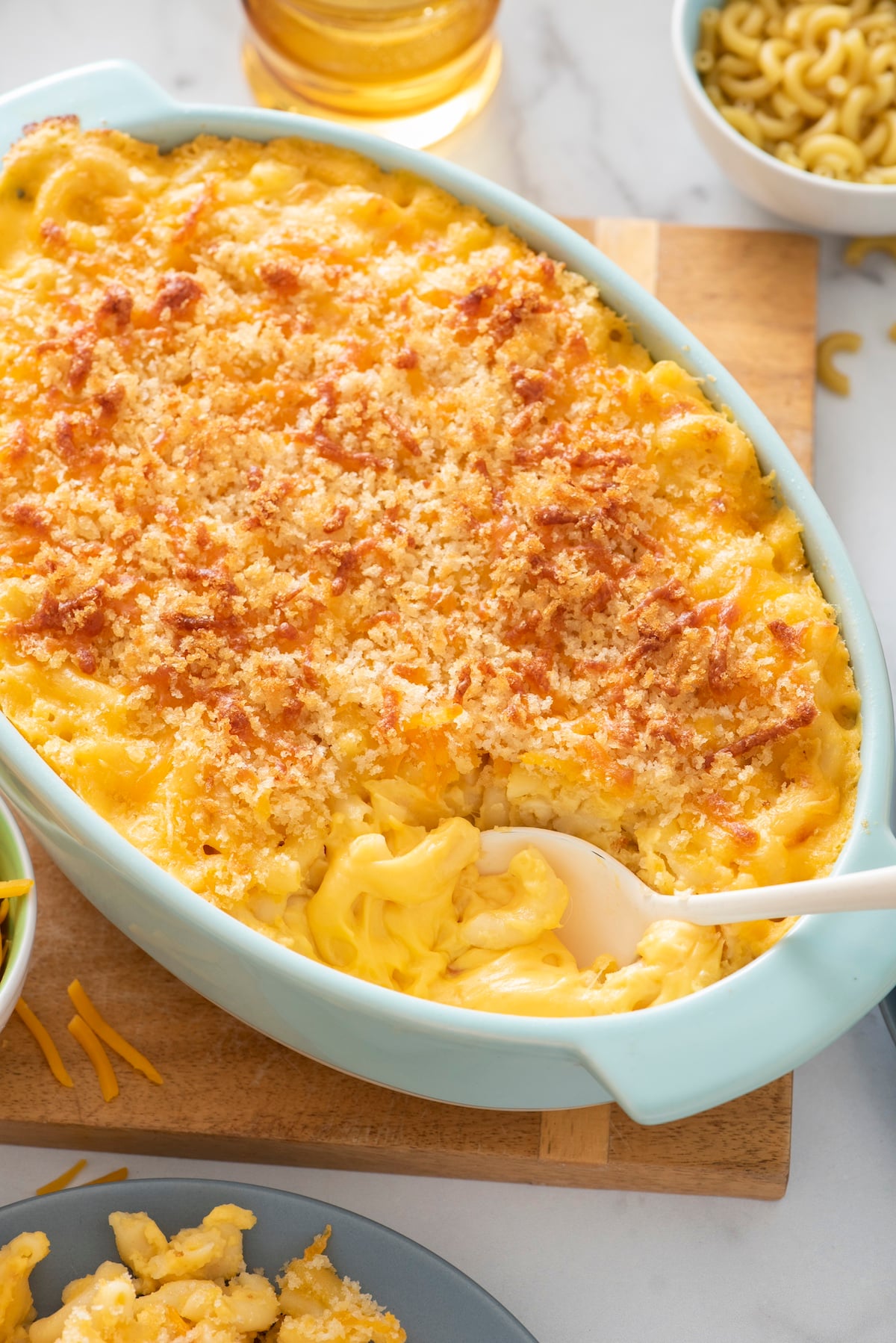 Old-fashioned macaroni and cheese in serving dish.