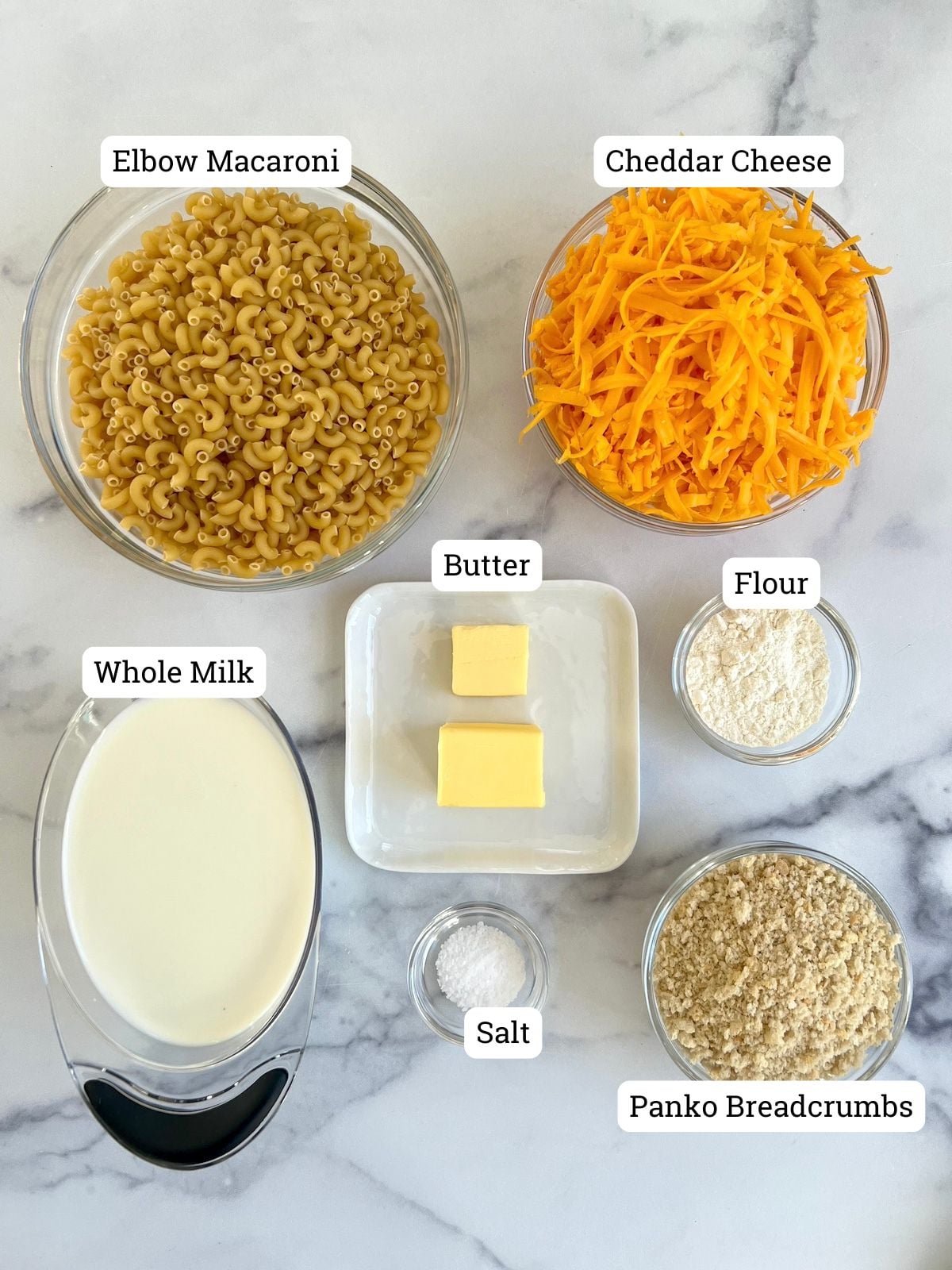 Ingredients for baked macaroni and cheese.