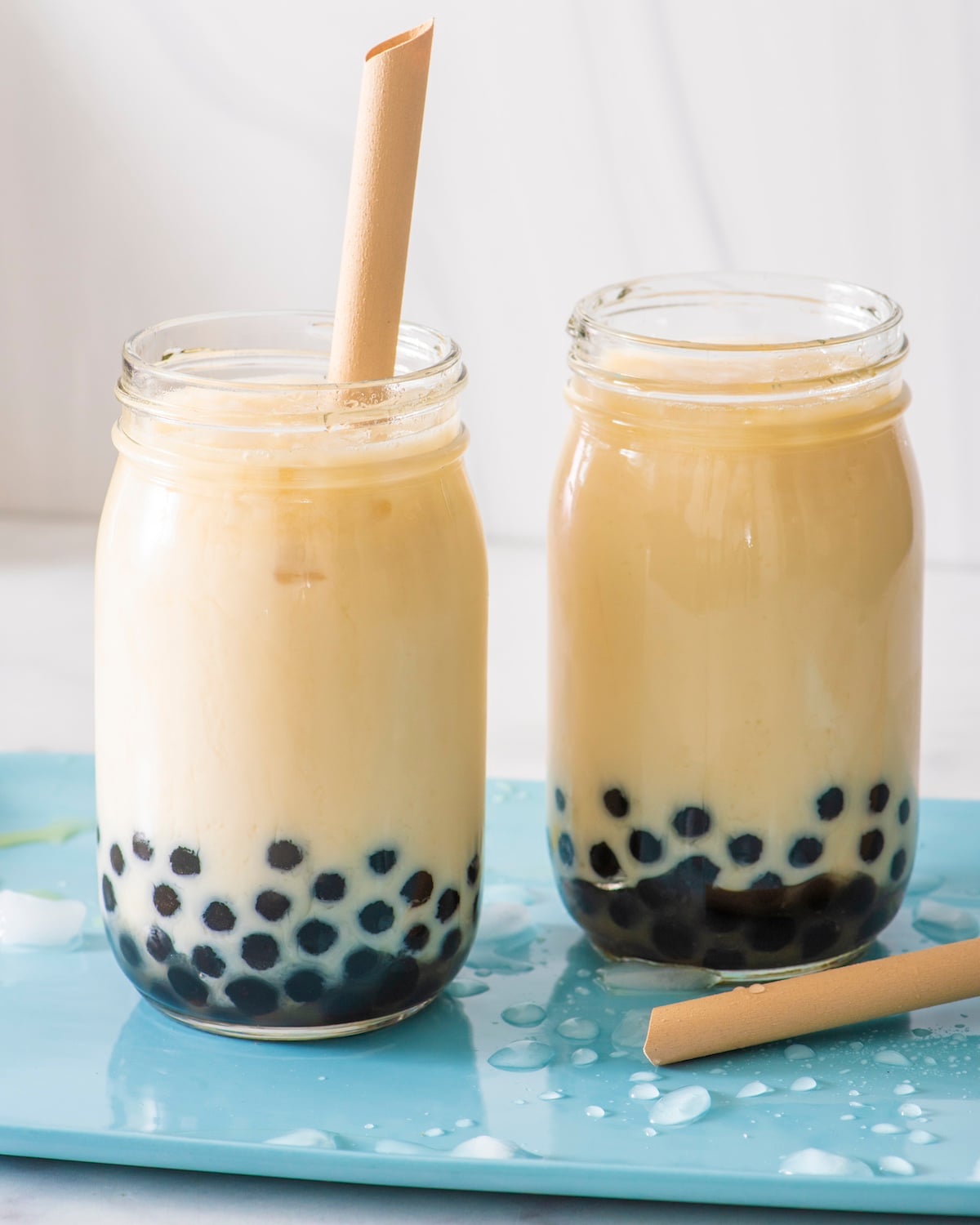 Two glasses of boba tea.
