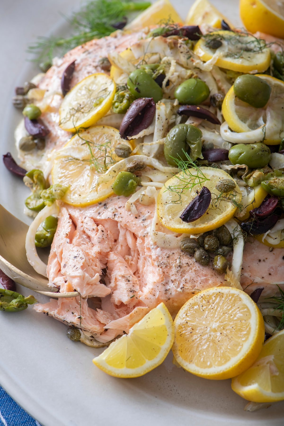 Salmon topped with fennel, citrus and olives on serving platter.