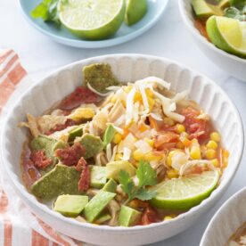 Chicken tortilla soup in a bowl.