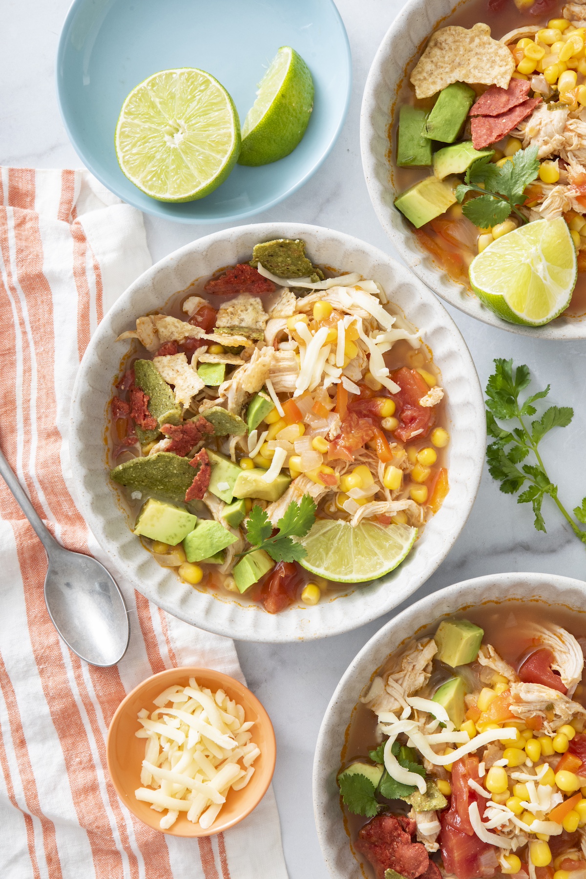 A bowl of chicken tortilla soup.