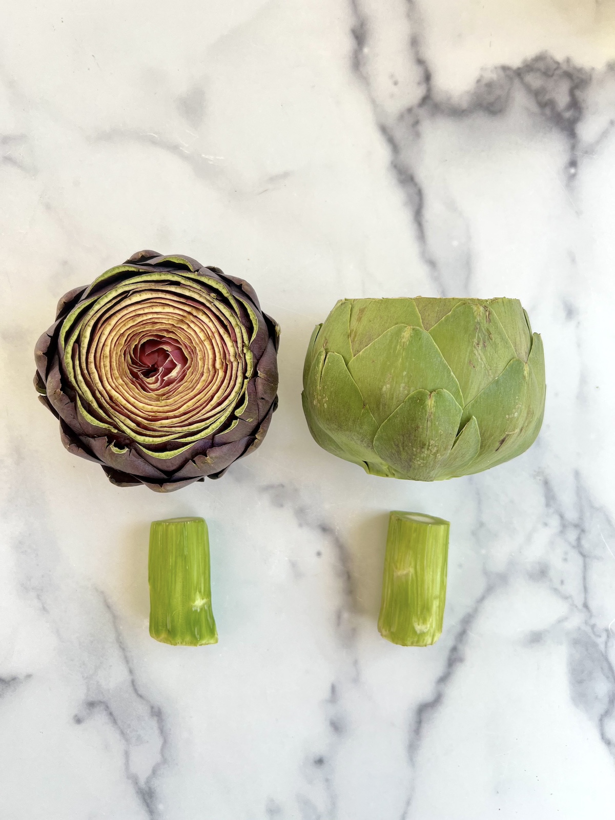 Prepped artichokes ready to steam.