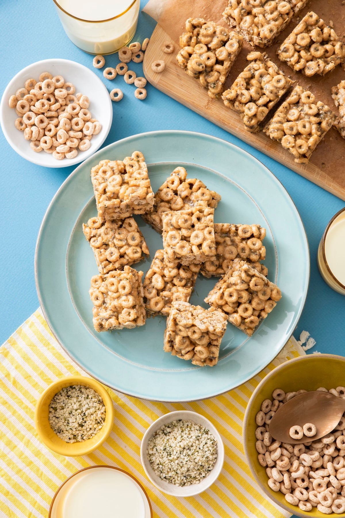 Protein cereal bars on a blue plate.