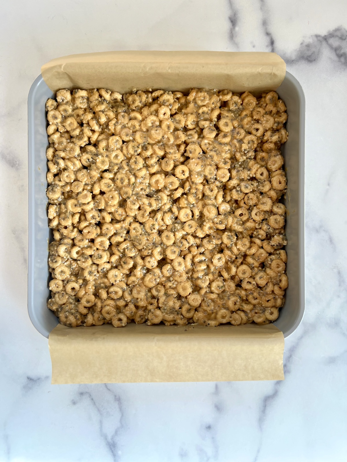 Protein cereal bars in baking dish.