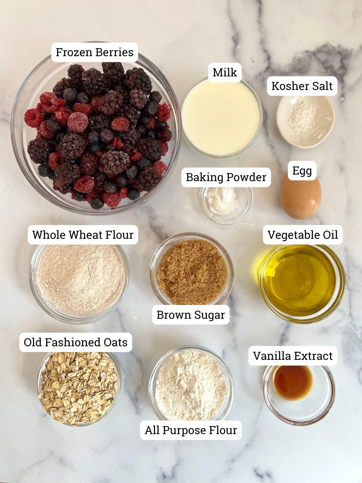 Ingredients needed for very berry muffins.