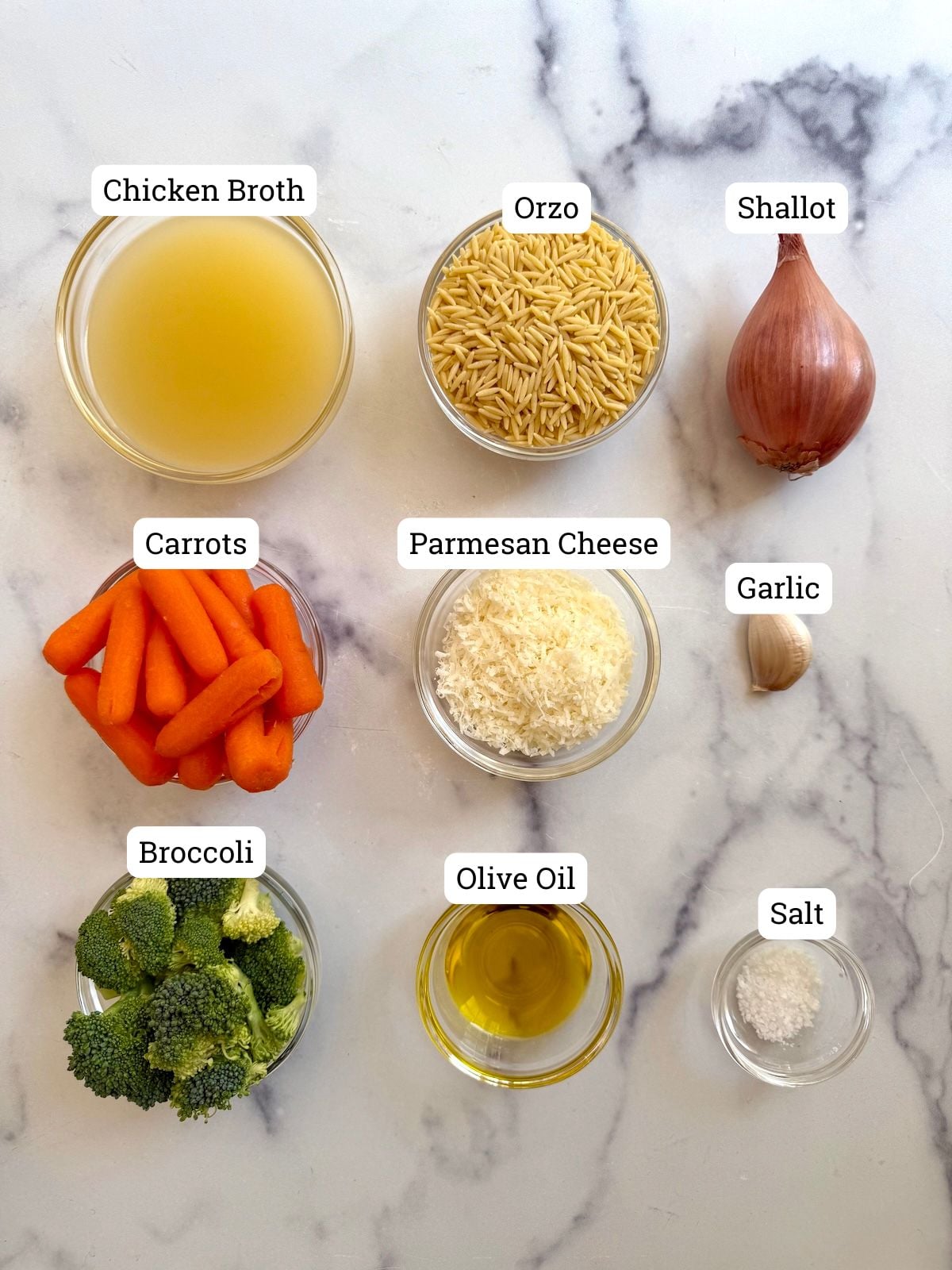 Ingredients to make carrot, broccoli and cheese orzo.