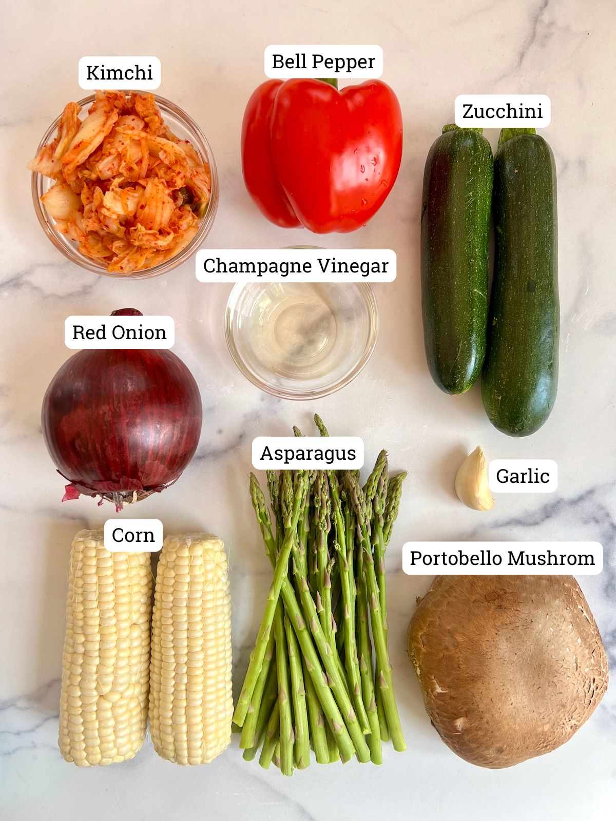 Key ingredients to make grilled vegetable kimchi salad.