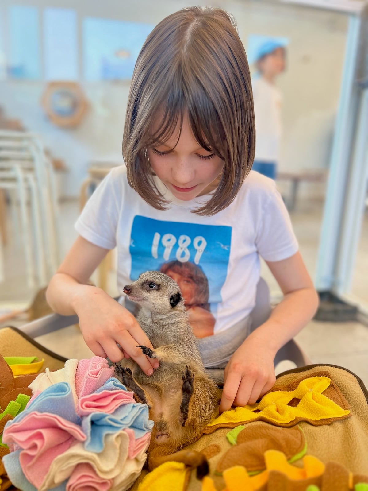 Gemma with a meerkat at a cafe.