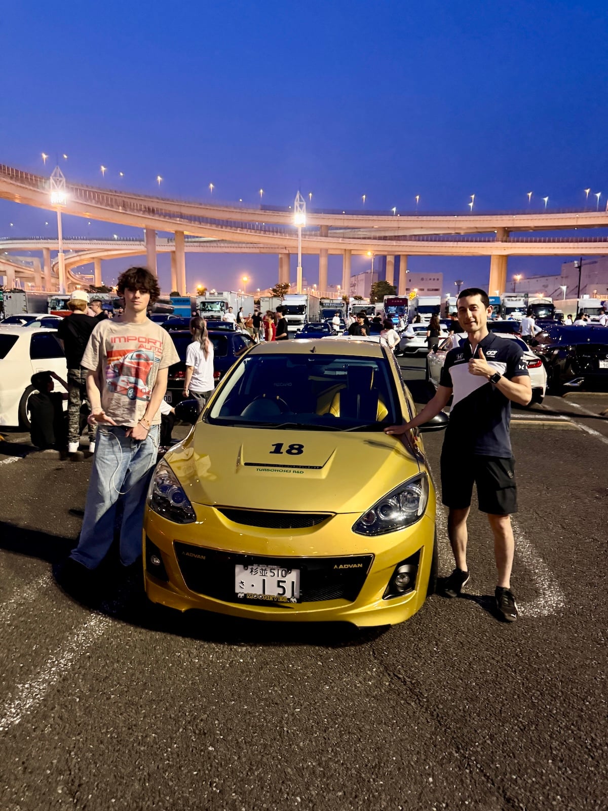 Two men posing with a sports car.