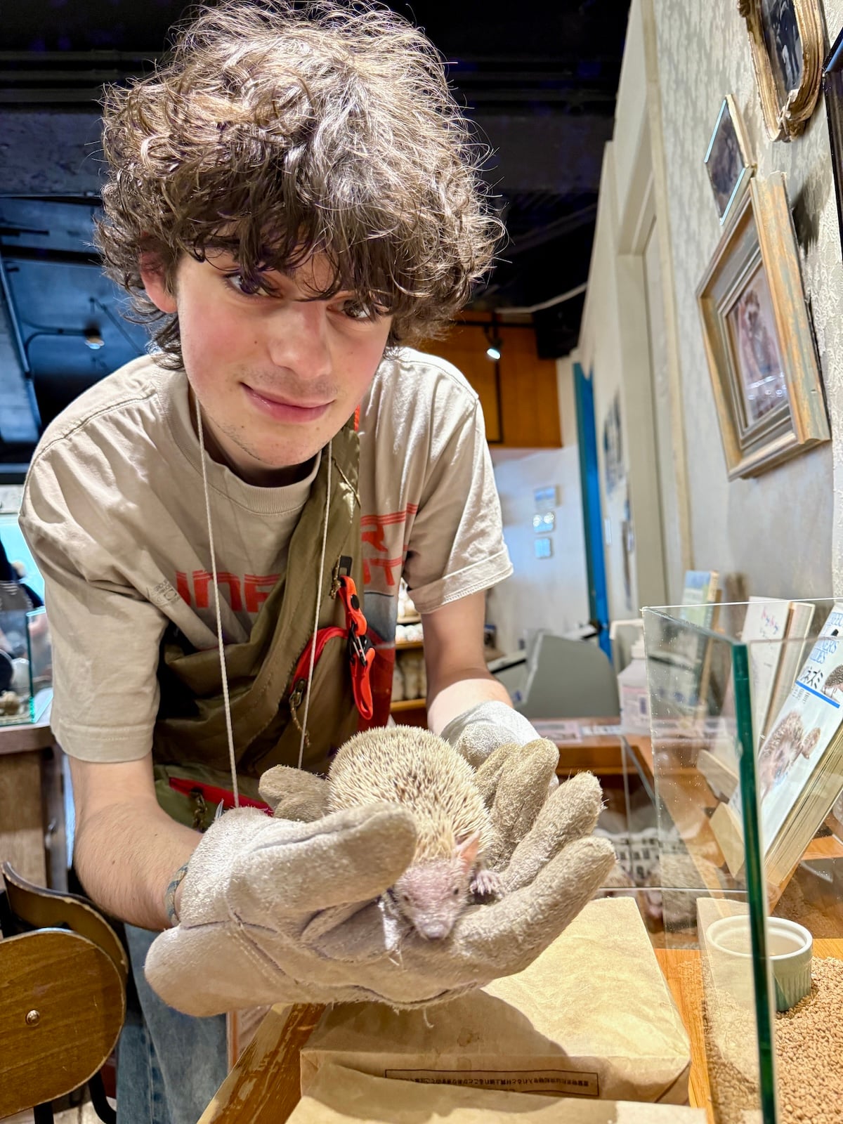 Young man holding hedgehog.