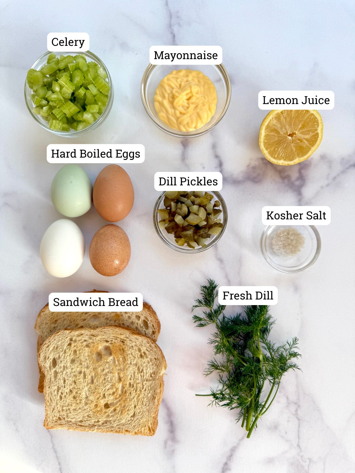 Ingredients needed to make Egg Salad Sandwiches.