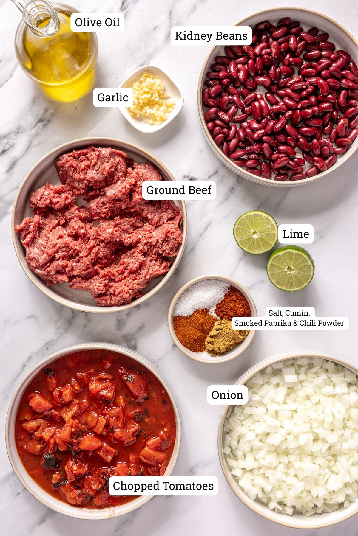 Labeled ingredients for skillet beef chili.