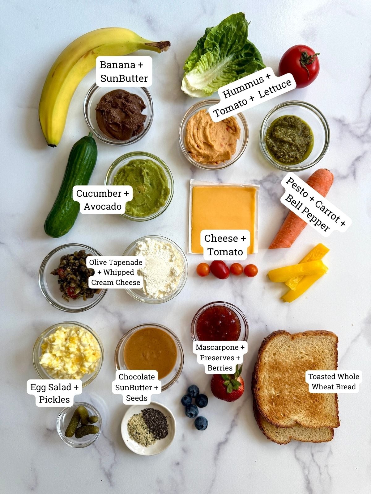Ingredients for vegetarian sandwich ideas.