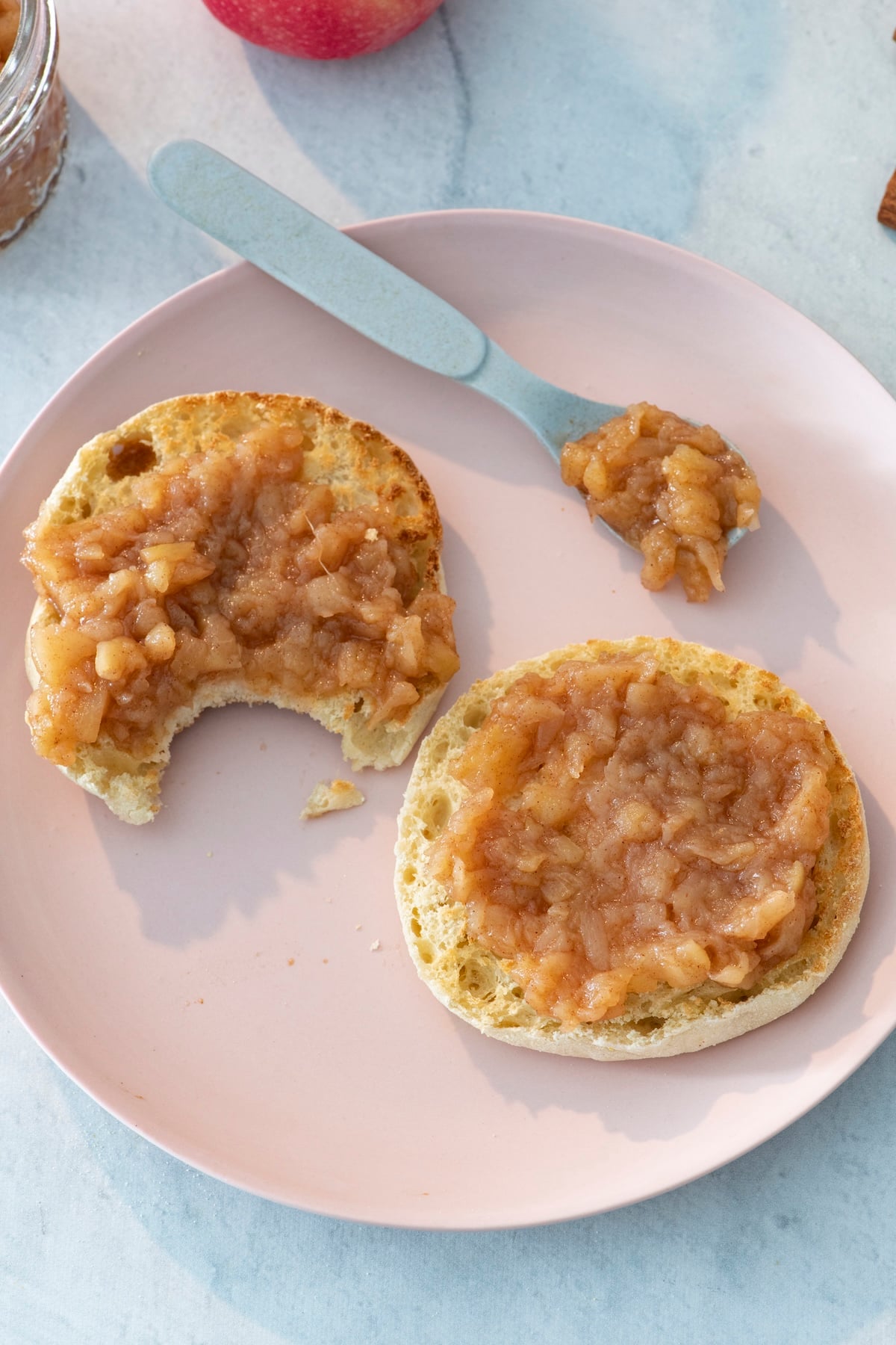 Apple butter spread on rice crackers.