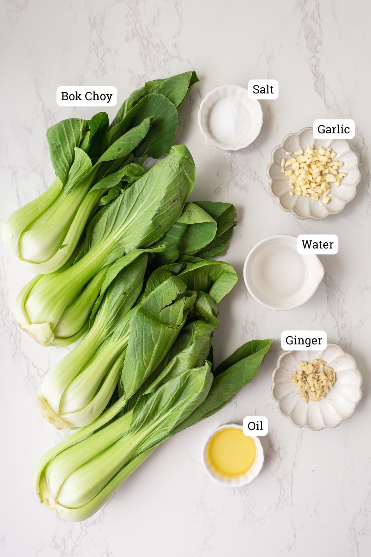 Ingredients needed to make sauteed baby bok choy.