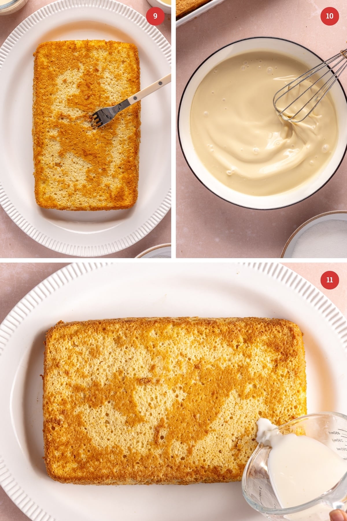 Pouring milk mixture on top of baked cake.