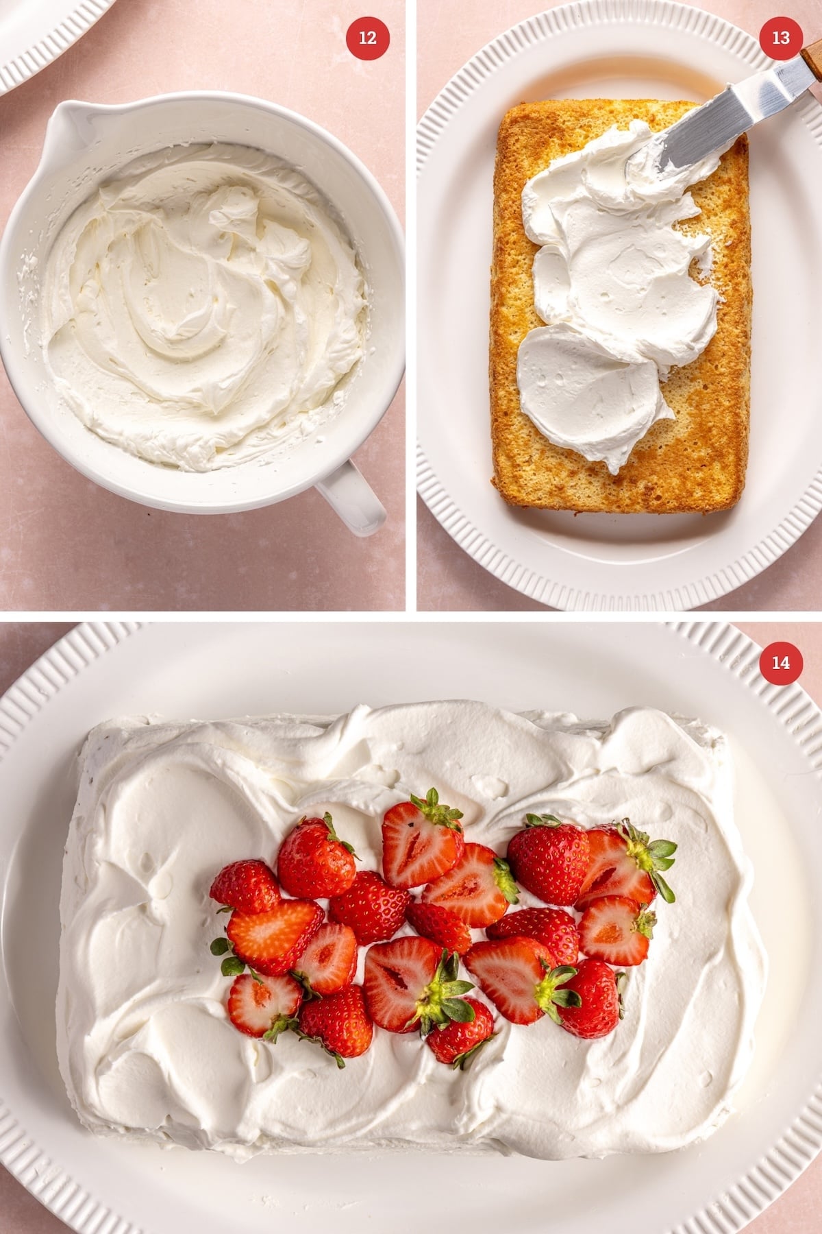 Icing tres leches cake with whipped cream and topping with slices strawberries.