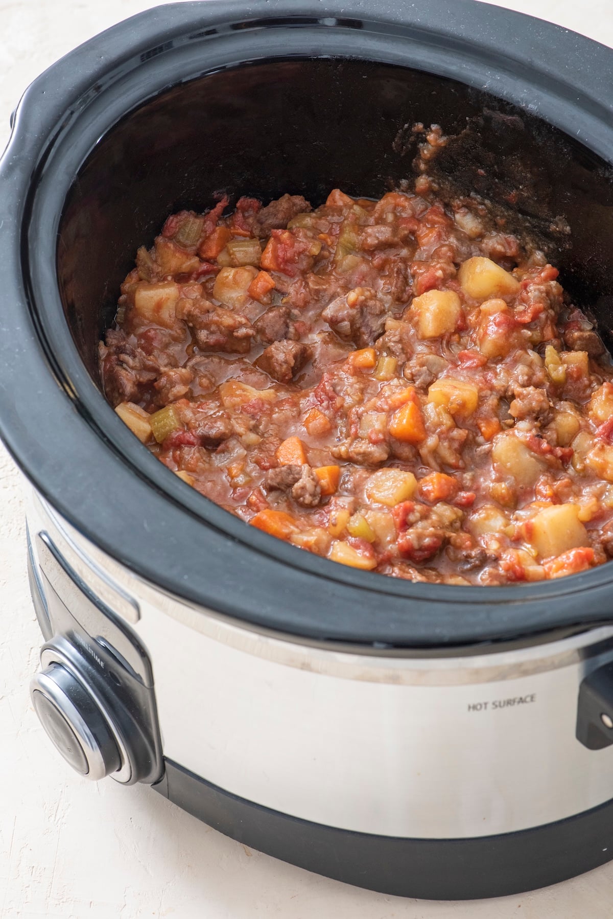 Beef stew in a slow cooker.