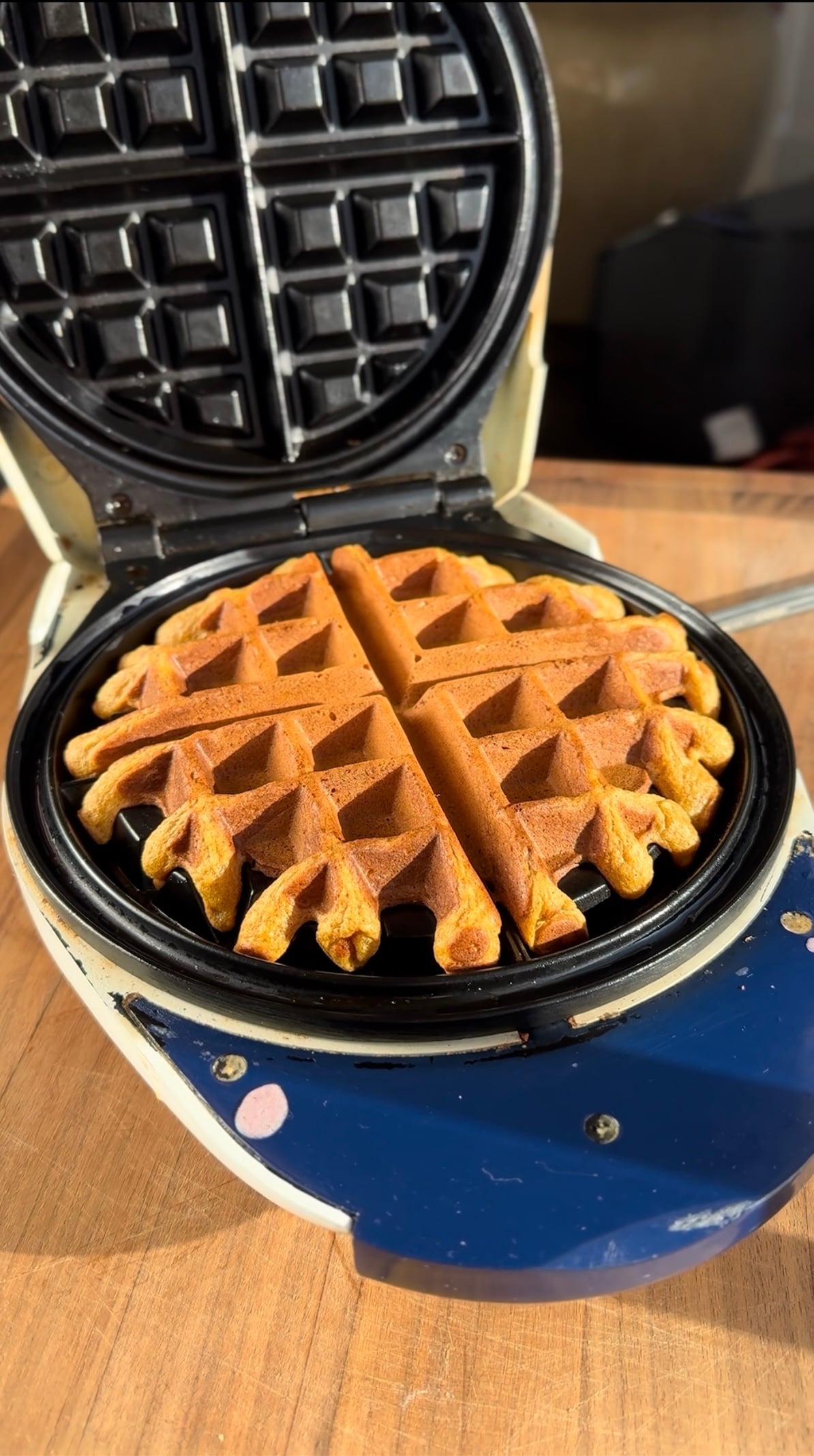 Pumpkin waffle in a waffle iron.