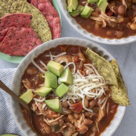 Slow cooker chicken chili in a serving bowl.